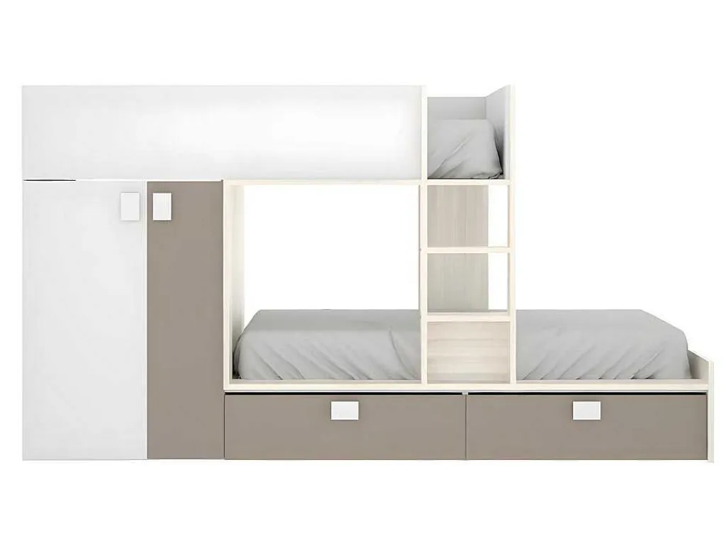 Stapelbed Met Ingebouwde Kast En Opbergruimte 2X90X190Cm - Wit, Eiken En Taupe + Matras - Juanito-Vente-unique Discount
