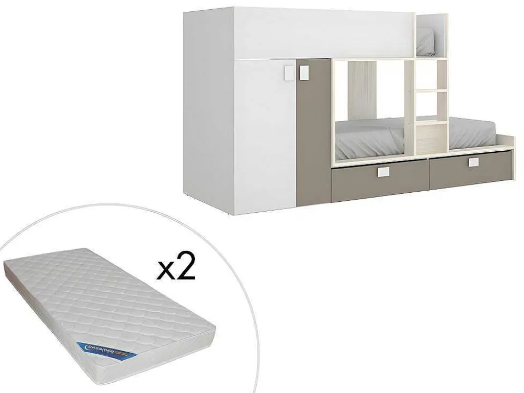 Stapelbed Met Ingebouwde Kast En Opbergruimte 2X90X190Cm - Wit, Eiken En Taupe + Matras - Juanito-Vente-unique Discount