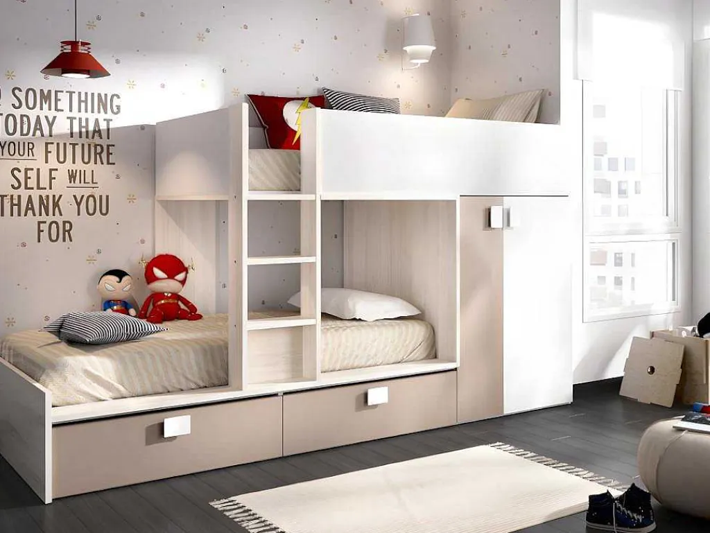 Stapelbed Met Ingebouwde Kast En Opbergruimte 2X90X190Cm - Wit, Eiken En Taupe + Matras - Juanito-Vente-unique Discount
