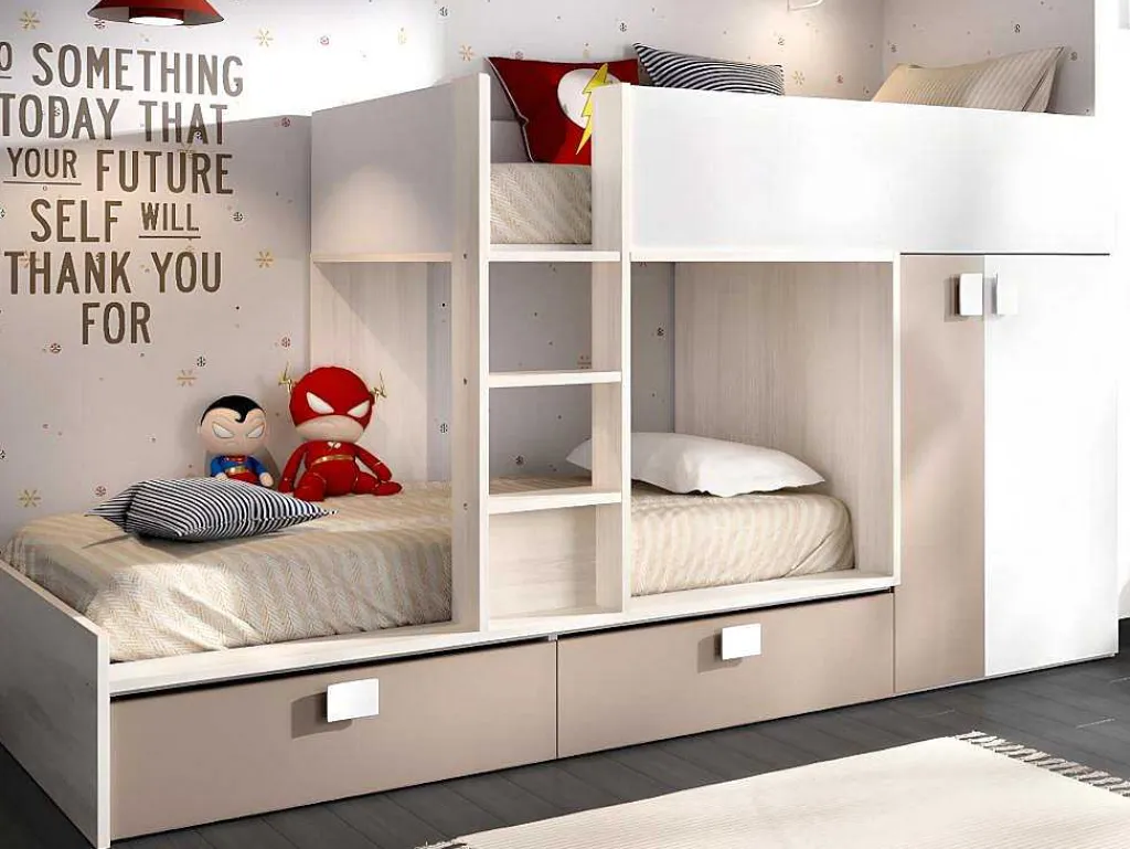 Stapelbed Met Ingebouwde Kast En Opbergruimte 2X90X190Cm - Wit, Eiken En Taupe + Matras - Juanito-Vente-unique Discount