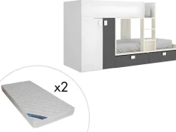 Stapelbed Met Ingebouwde Kast 2 X 90 X 190 Cm - Wit, Eiken En Antraciet + Matras - Juanito-Vente-unique Discount