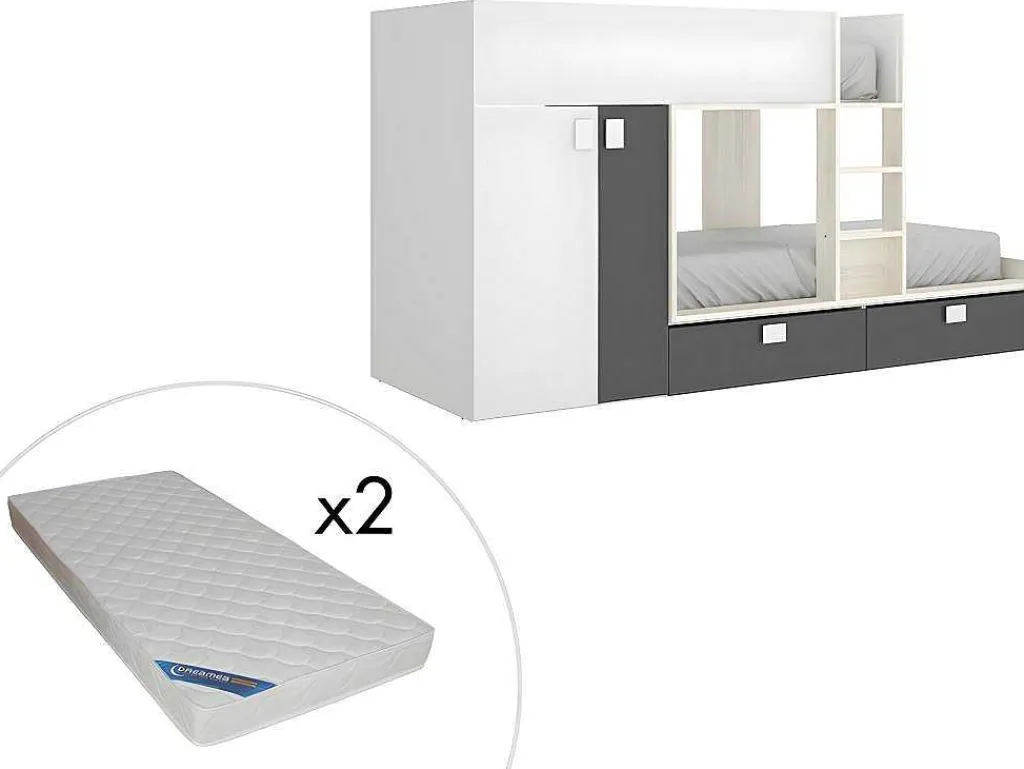 Stapelbed Met Ingebouwde Kast 2 X 90 X 190 Cm - Wit, Eiken En Antraciet + Matras - Juanito-Vente-unique Discount