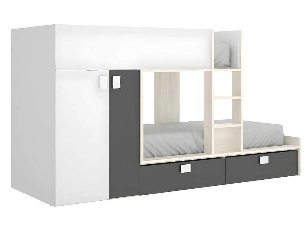 Stapelbed Met Ingebouwde Kast 2 X 90 X 190 Cm - Wit, Eiken En Antraciet + Matras - Juanito-Vente-unique Discount
