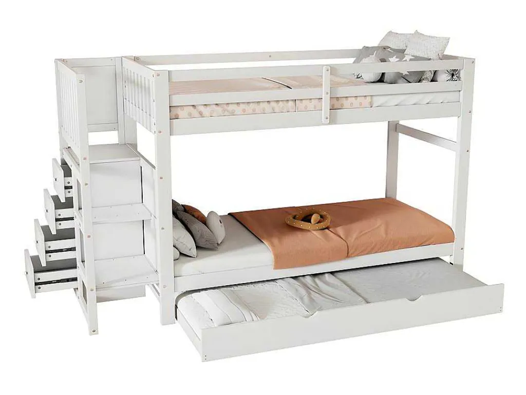 Stapelbed Met Onderschuifbed - Massief Grenenhout - 3X90X200 Cm - Opbergtrap Met 4 Lades - Veiligheidsbarrieres - Wit-ModernLuxe Outlet