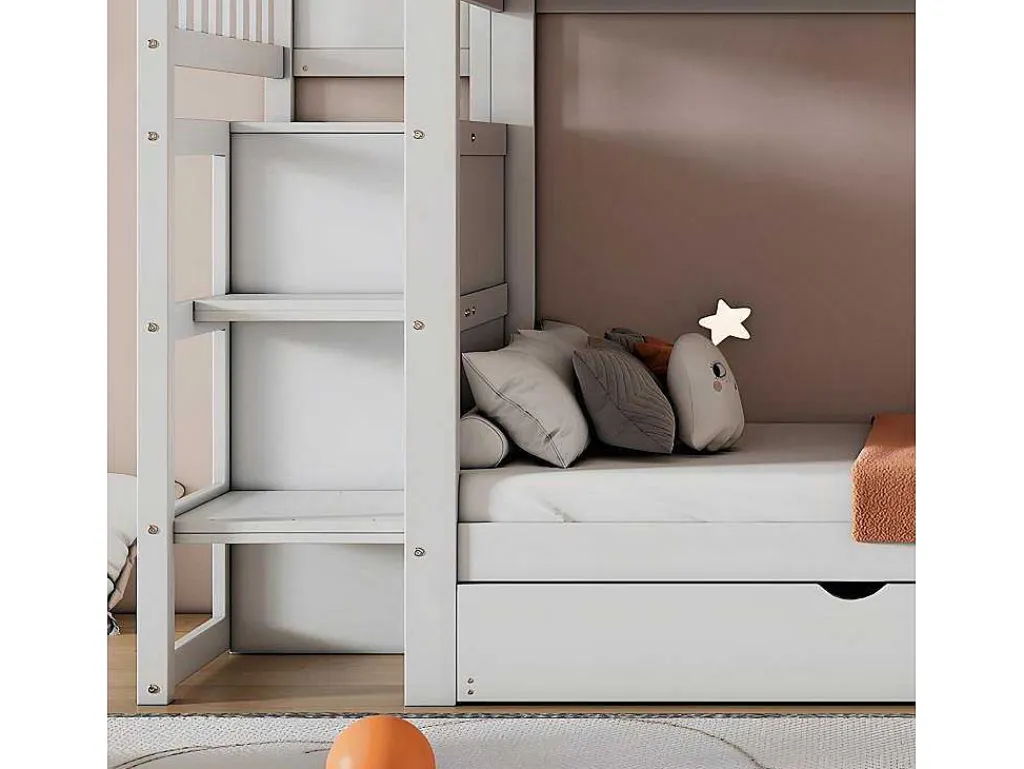 Stapelbed Met Onderschuifbed - Massief Grenenhout - 3X90X200 Cm - Opbergtrap Met 4 Lades - Veiligheidsbarrieres - Wit-ModernLuxe Outlet