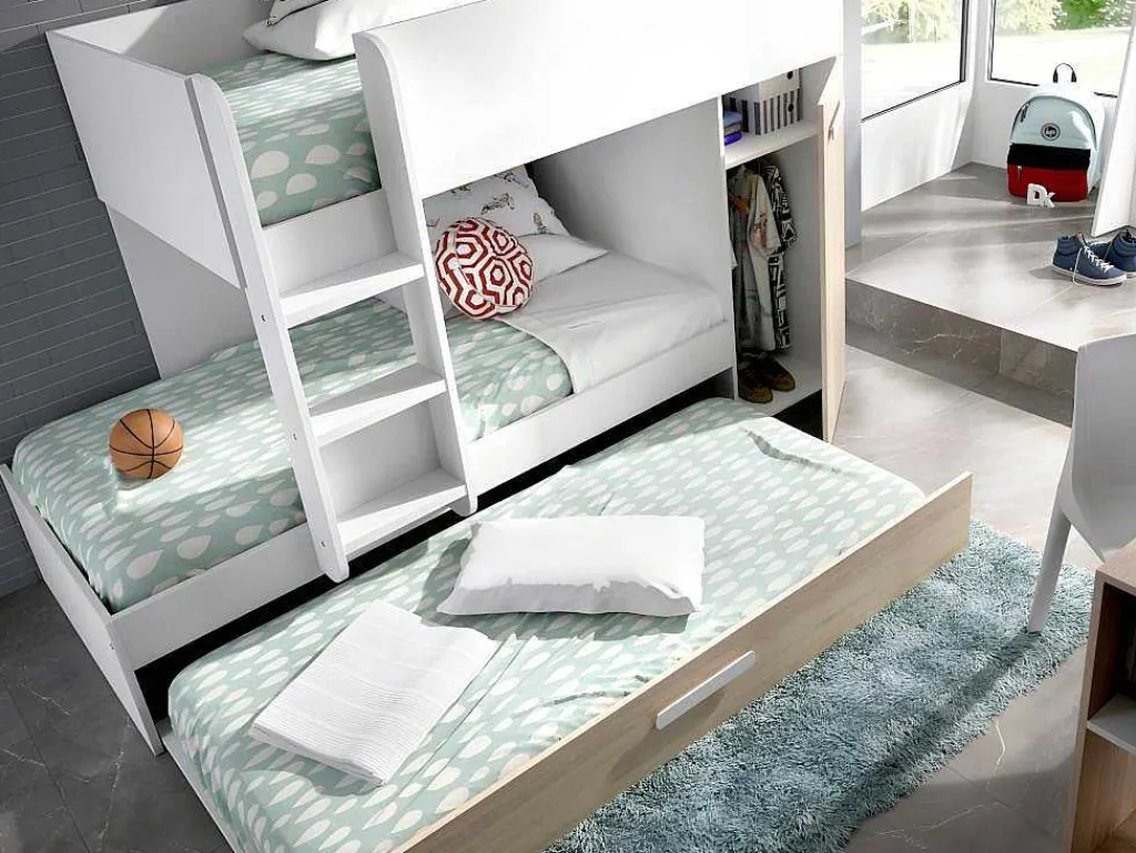 Stapelbed Met Onderschuifbed Anthony Met Opbergruimte 3X90X190Cm - Kleuren: Wit En Eik + Matras-Vente-unique Outlet