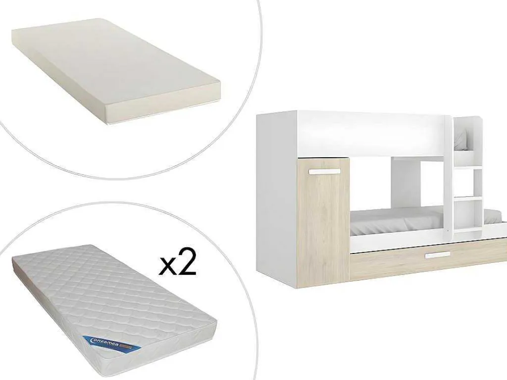 Stapelbed Met Onderschuifbed Anthony Met Opbergruimte 3X90X190Cm - Kleuren: Wit En Eik + Matras-Vente-unique Outlet