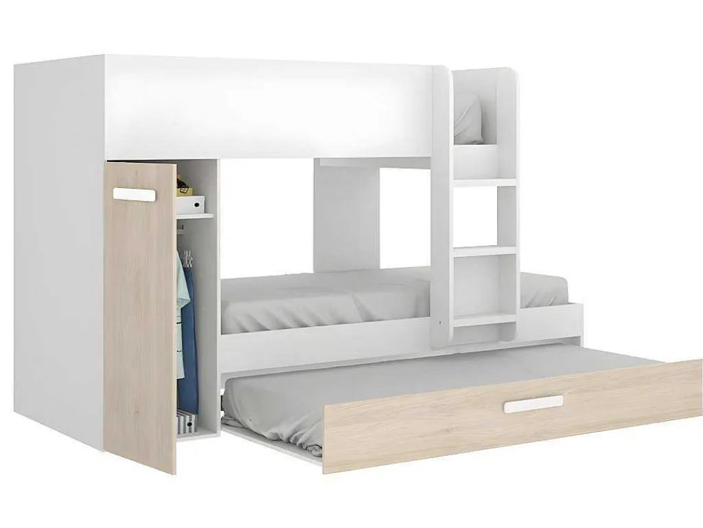 Stapelbed Met Onderschuifbed Anthony Met Opbergruimte 3X90X190Cm - Kleuren: Wit En Eik + Matras-Vente-unique Outlet