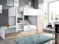 Stapelbed Met Onderschuifbed En Opbergruimte 3X90X190Cm - Wit En Naturel - Anthony-Vente-unique Clearance