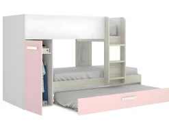 Stapelbed Met Opbergruimtes 3 X 90 X 190 Cm - Wit, Naturel En Roze - Met Matras - Anthony-Vente-unique Discount