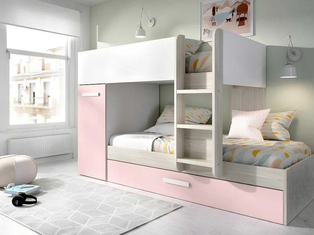 Stapelbed Met Opbergruimtes 3 X 90 X 190 Cm - Wit, Naturel En Roze - Met Matras - Anthony-Vente-unique Discount