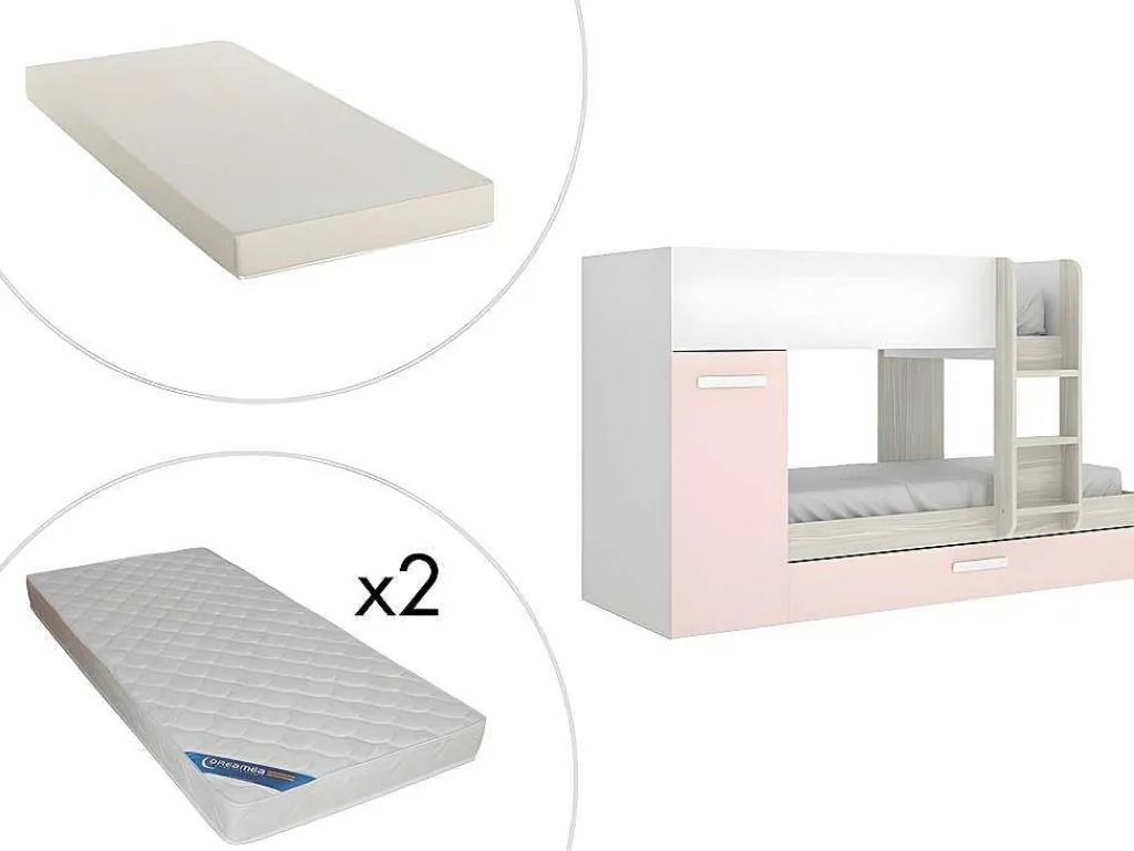 Stapelbed Met Opbergruimtes 3 X 90 X 190 Cm - Wit, Naturel En Roze - Met Matras - Anthony-Vente-unique Discount