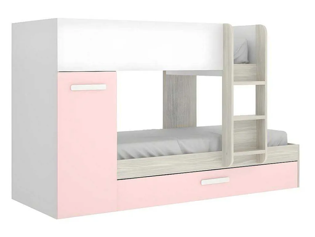 Stapelbed Met Opbergruimtes 3 X 90 X 190 Cm - Wit, Naturel En Roze - Met Matras - Anthony-Vente-unique Discount