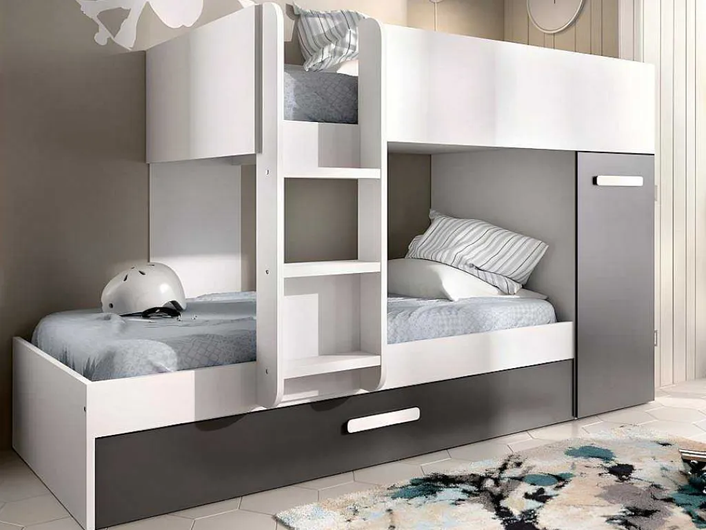 Stapelbed Met Opbergruimtes 3 X 90 X 190 Cm - Antraciet En Wit - Met Matras - Anthony-Vente-unique Hot
