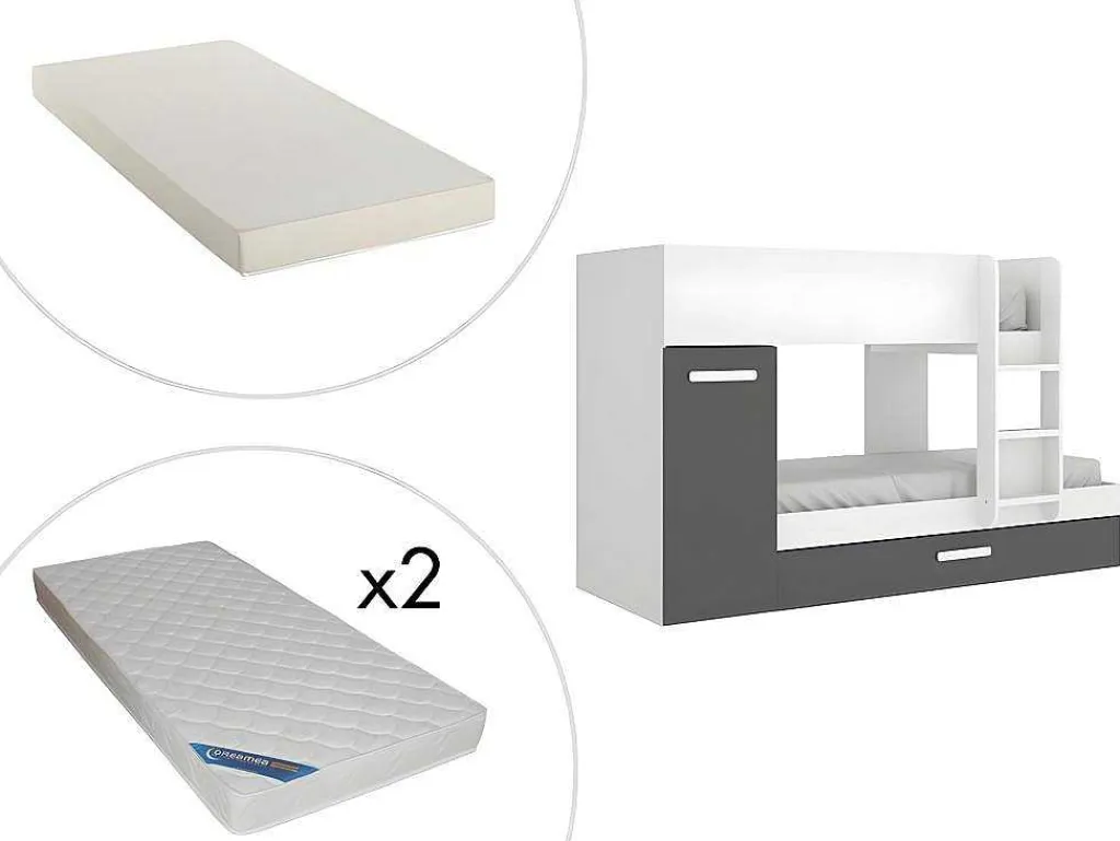Stapelbed Met Opbergruimtes 3 X 90 X 190 Cm - Antraciet En Wit - Met Matras - Anthony-Vente-unique Hot