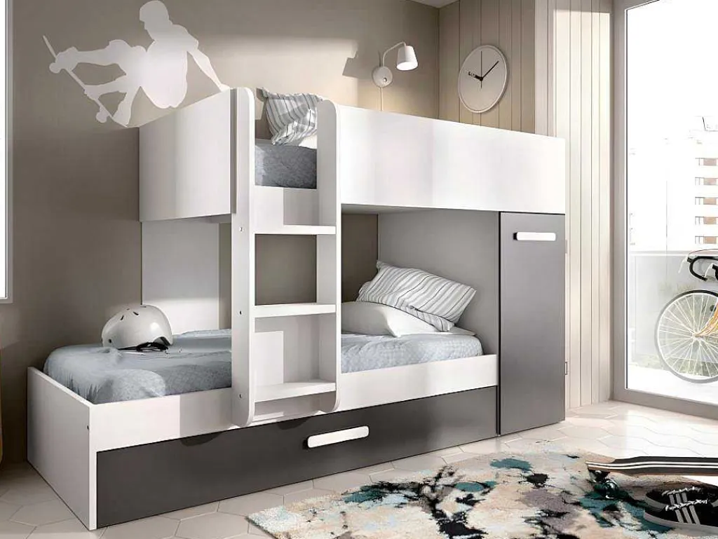 Stapelbed Met Slaaplade En Opbergruimtes 3 X 90 X 190 Cm - Antraciet En Naturel - Anthony-Vente-unique