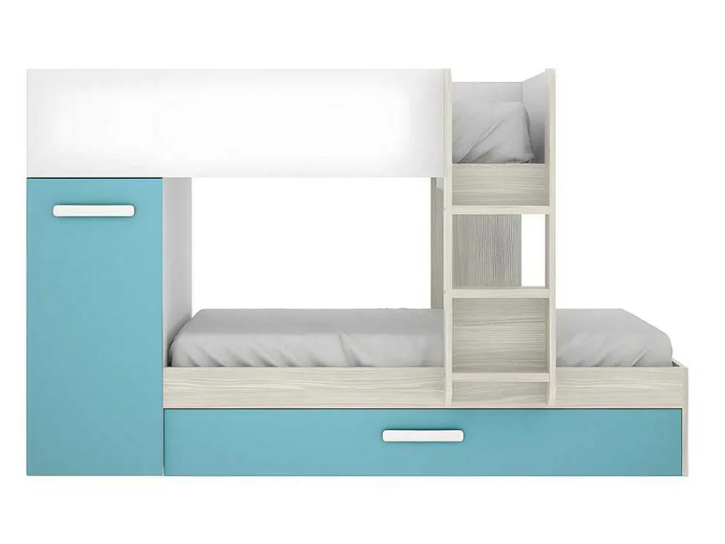 Stapelbed Met Slaaplade En Opbergruimtes 3 X 90 X 190 Cm - Wit, Naturel En Blauw - Met Matras - Anthony-Vente-unique Clearance