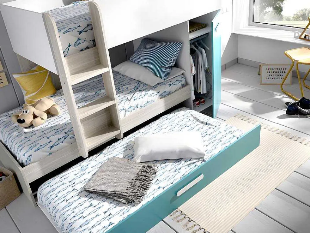 Stapelbed Met Slaaplade En Opbergruimtes 3 X 90 X 190 Cm - Wit, Naturel En Blauw - Met Matras - Anthony-Vente-unique Clearance