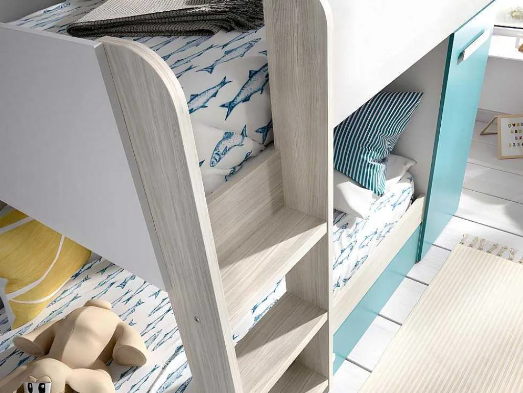 Stapelbed Met Slaaplade En Opbergruimtes 3 X 90 X 190 Cm - Wit, Naturel En Blauw - Met Matras - Anthony-Vente-unique Clearance