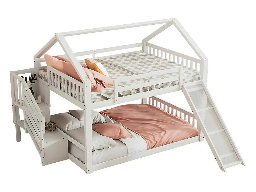 Stapelbed Voor Kinderen 140X200Cm - Met Opbergtrap En Glijbaan - Wit-ModernLuxe Online