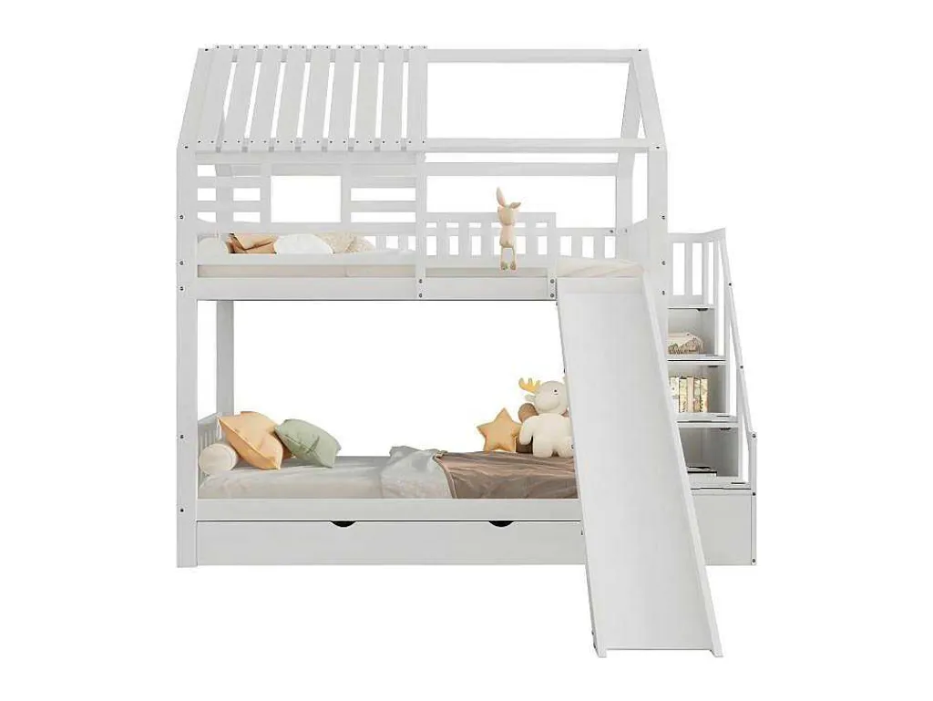 Stapelbed 90X200Cm - Grenenhout En Mdf Structuur - Met Glijbaan En Opbergtrap - Een Grote Lade Onder Het Bed - Wit-ModernLuxe Best