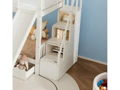 Stapelbed 90X200Cm - Grenenhout En Mdf Structuur - Met Glijbaan En Opbergtrap - Een Grote Lade Onder Het Bed - Wit-ModernLuxe Best