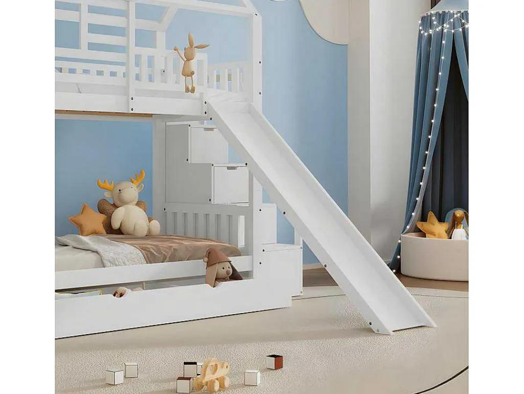 Stapelbed 90X200Cm - Grenenhout En Mdf Structuur - Met Glijbaan En Opbergtrap - Een Grote Lade Onder Het Bed - Wit-ModernLuxe Best