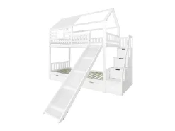 Stapelbed 90X200Cm - Grenenhout En Mdf Structuur - Met Glijbaan En Opbergtrap - Een Grote Lade Onder Het Bed - Wit-ModernLuxe Best