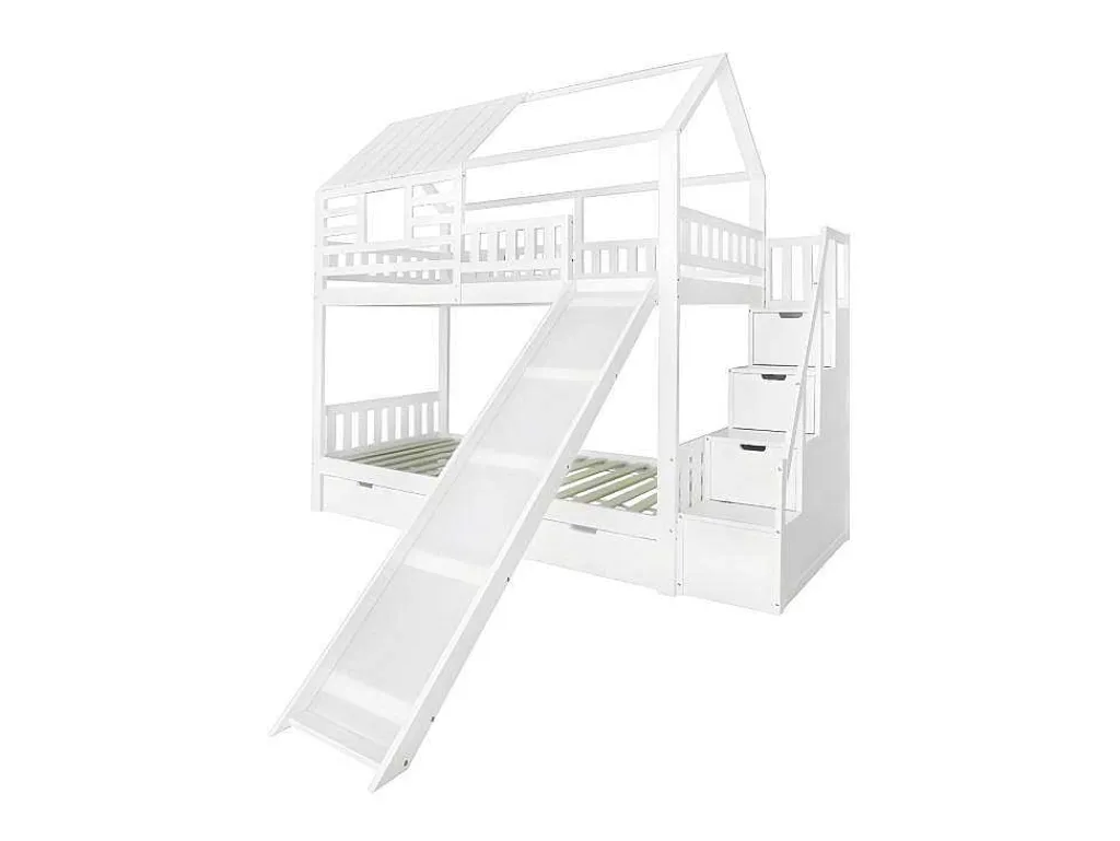 Stapelbed 90X200Cm - Grenenhout En Mdf Structuur - Met Glijbaan En Opbergtrap - Een Grote Lade Onder Het Bed - Wit-ModernLuxe Best