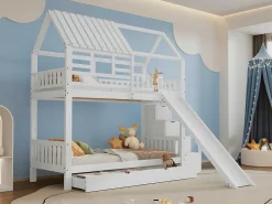 Stapelbed 90X200Cm - Grenenhout En Mdf Structuur - Met Glijbaan En Opbergtrap - Een Grote Lade Onder Het Bed - Wit-ModernLuxe Best