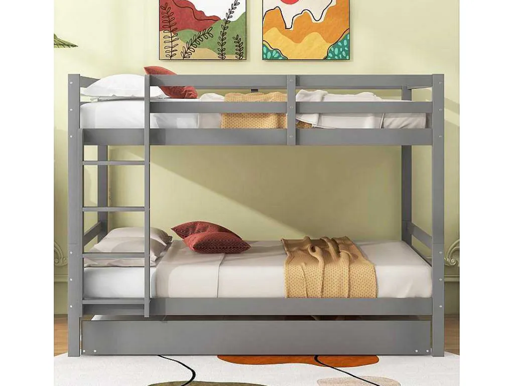 Stapelbedden 140 X 200 Cm Met Onderschuifbed 90 X 200 Cm - Balustrade En Trap - Mdf Hout - Grijs-Vente-unique Discount