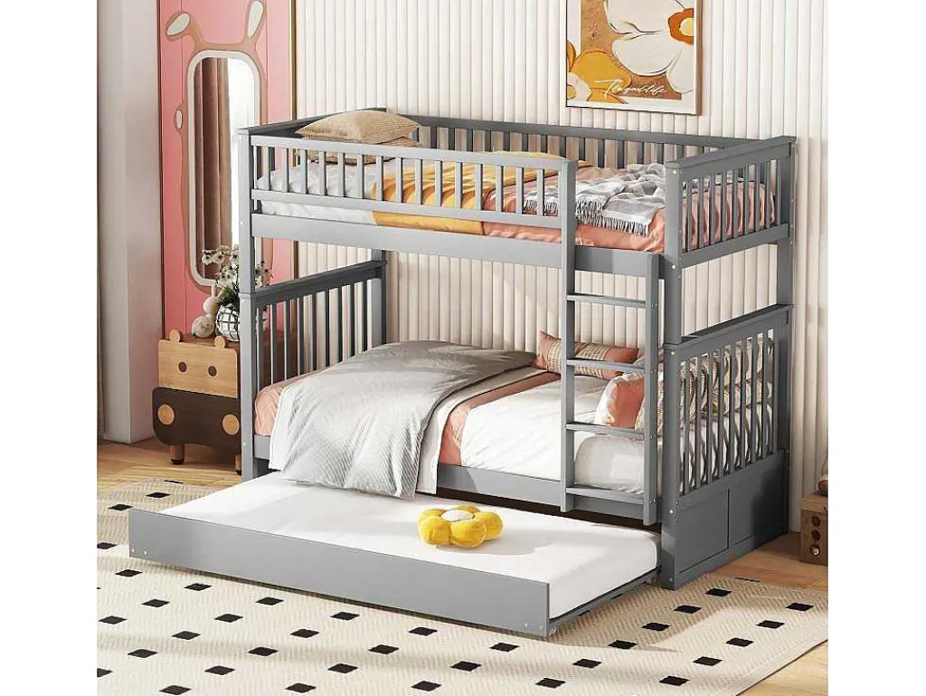 Stapelbedden 2 X 90 X 200 Cm + Onderschuifbed 90 X 190 Cm - Mdf Hout - Grijs - Anthony-Vente-unique Best