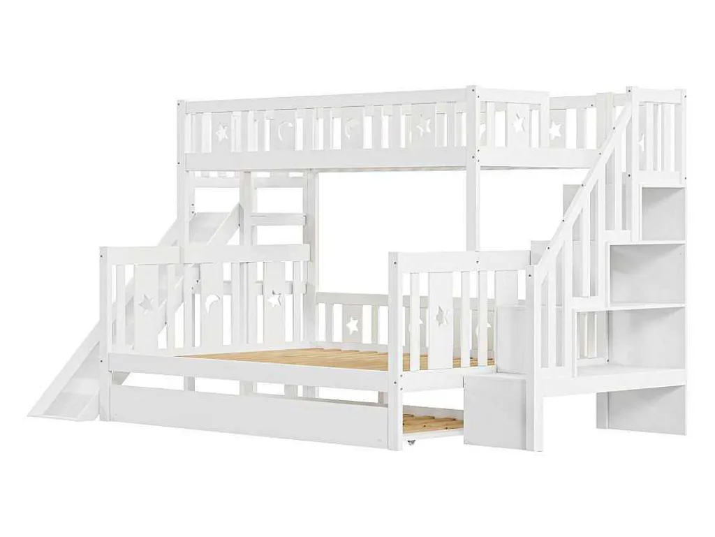 Stapelbedden Met Glijbaan En Planken, Onderschuifbed - 2 X 90 X 200 Cm + 140 X 200 Cm - Wit - Anthony-Vente-unique Hot