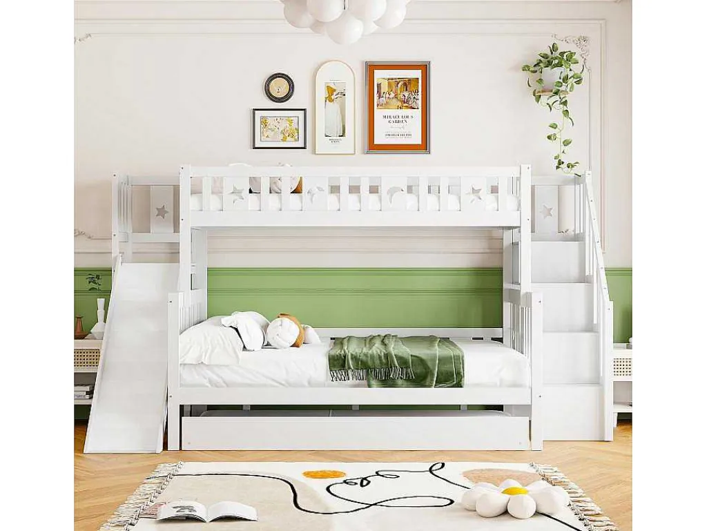 Stapelbedden Met Glijbaan En Planken, Onderschuifbed - 2 X 90 X 200 Cm + 140 X 200 Cm - Wit - Anthony-Vente-unique Hot