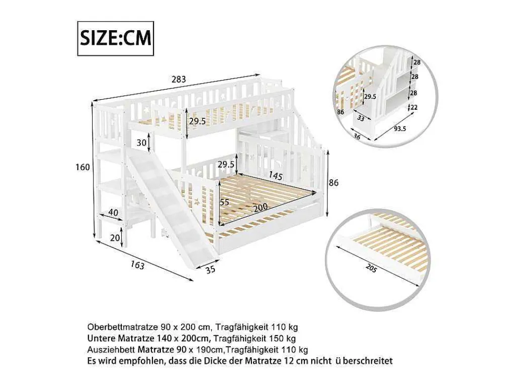 Stapelbedden Met Glijbaan En Planken, Onderschuifbed - 2 X 90 X 200 Cm + 140 X 200 Cm - Wit - Anthony-Vente-unique Hot