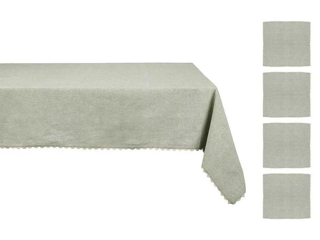 Tafelkleed + 4 Katoenen Servetten - Beige Rand - Groen - 140 X 240 Cm - Loania-OZAIA New