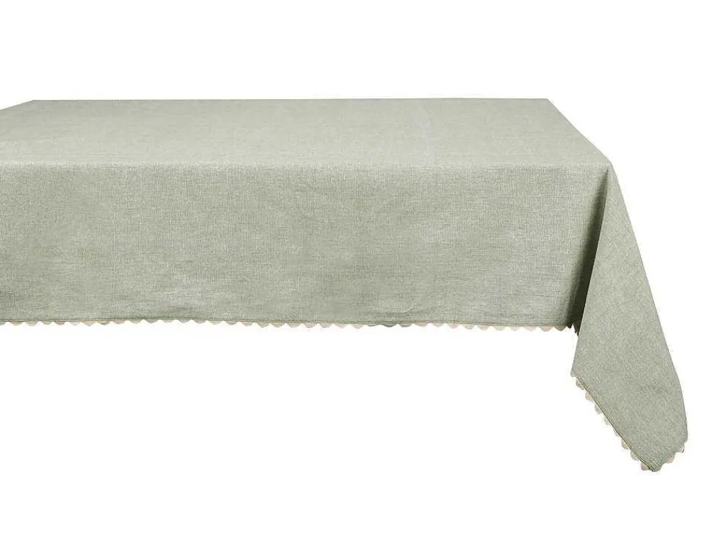 Tafelkleed + 4 Katoenen Servetten - Beige Rand - Groen - 140 X 240 Cm - Loania-OZAIA New