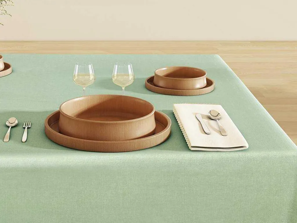 Tafelkleed + 4 Katoenen Servetten - Beige Rand - Groen - 140 X 240 Cm - Loania-OZAIA New