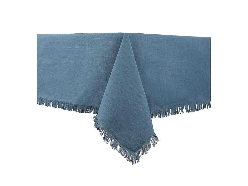 Tafelkleed + 4 Servetten Met Franjes - Katoen - Blauw - 140 X 240 Cm - Pola-OZAIA Outlet