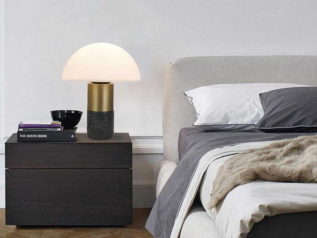Tafellamp Champignon Van Marmer, Metaal En Glas - D30 X H35 Cm - Wit En Goudkleurig - Langford-OZAIA Discount
