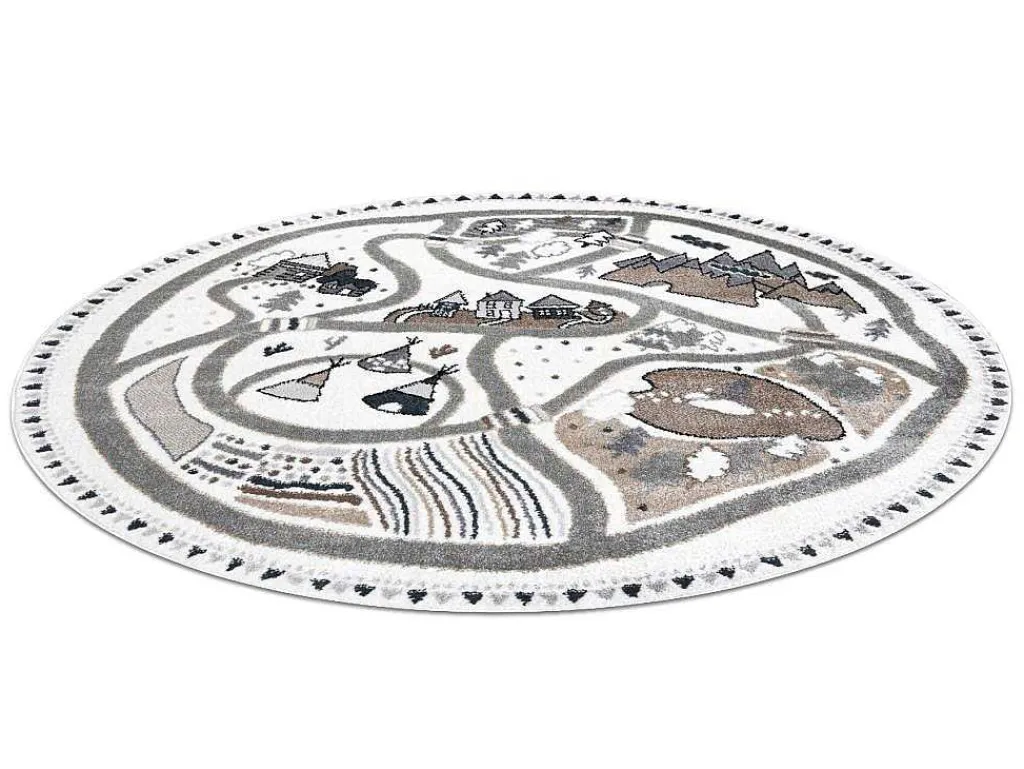 Tapijt Fun Land Voor Kinderen, Dorp, Straten, Wiel - Creme Cercle 140 Cm-RugsX Online