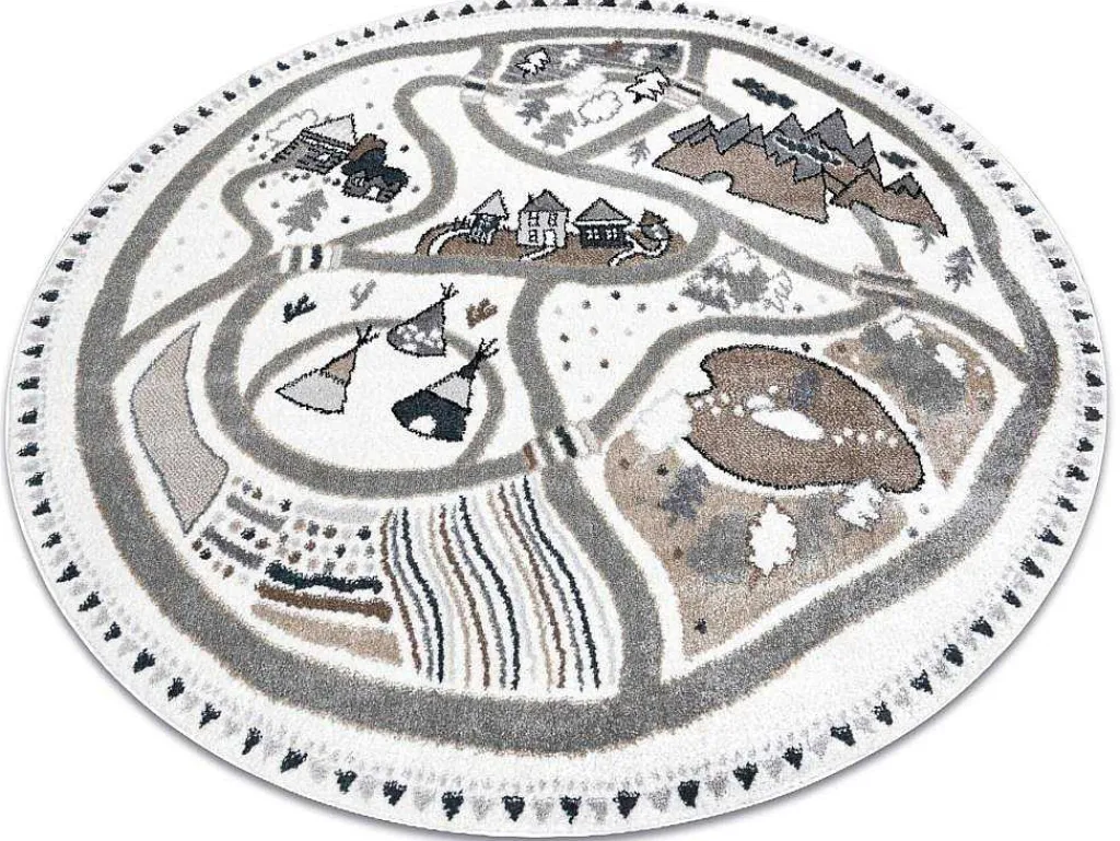 Tapijt Fun Land Voor Kinderen, Dorp, Straten, Wiel - Creme Cercle 200 Cm-RugsX Best