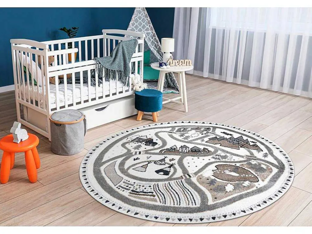 Tapijt Fun Land Voor Kinderen, Dorp, Straten, Wiel - Creme Cercle 200 Cm-RugsX Best