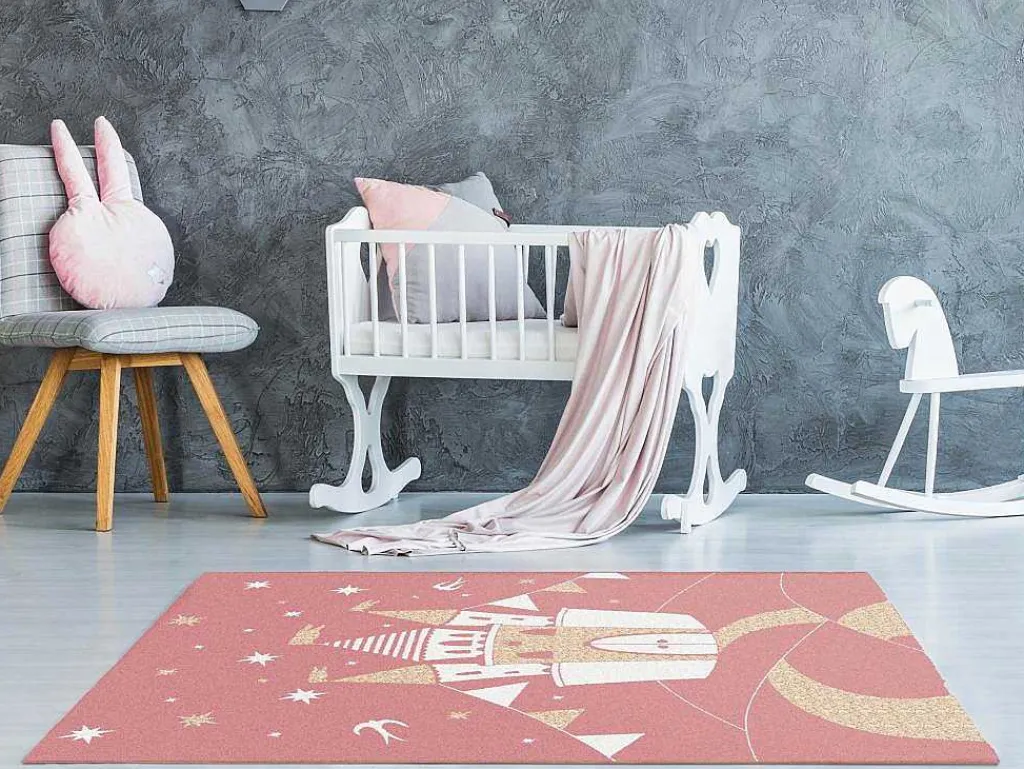 Tapijt Kinderen Sprookjeskasteel - Glanzende Lurex-Afwerking - 120 X 170 Cm - Roze En Goud - Princesia-OZAIA Discount