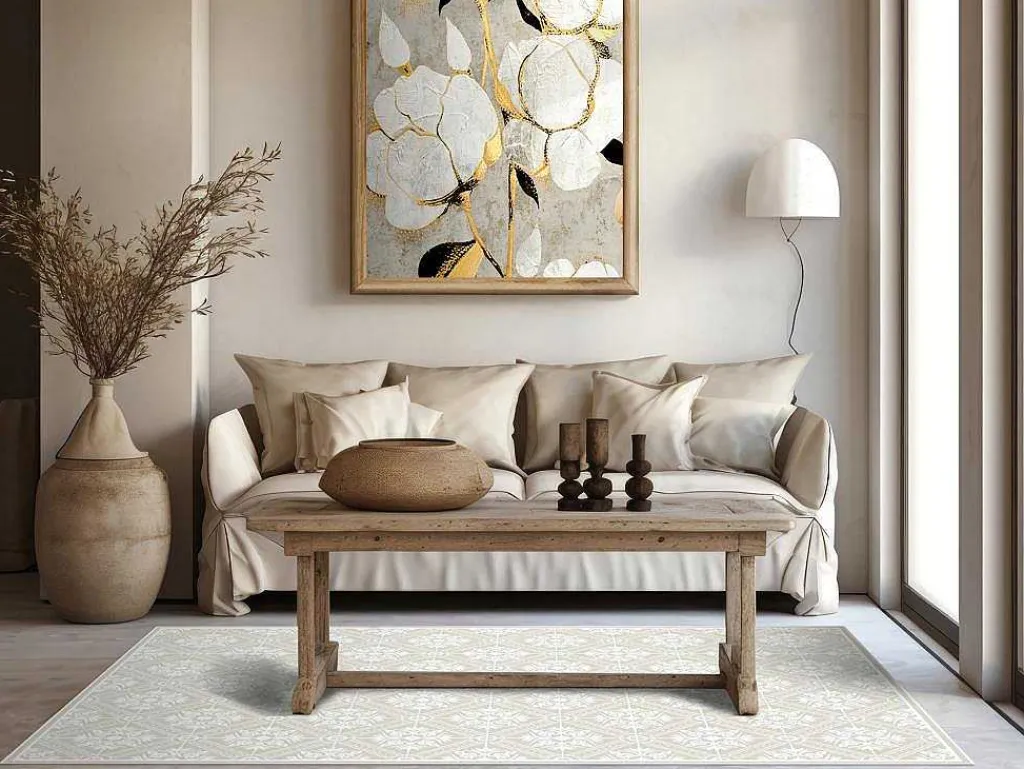 Tapijt Van Vinyl Met Cementtegeleffect - 120 X 180 Cm - Beige En Wit - Majesti-OZAIA Clearance