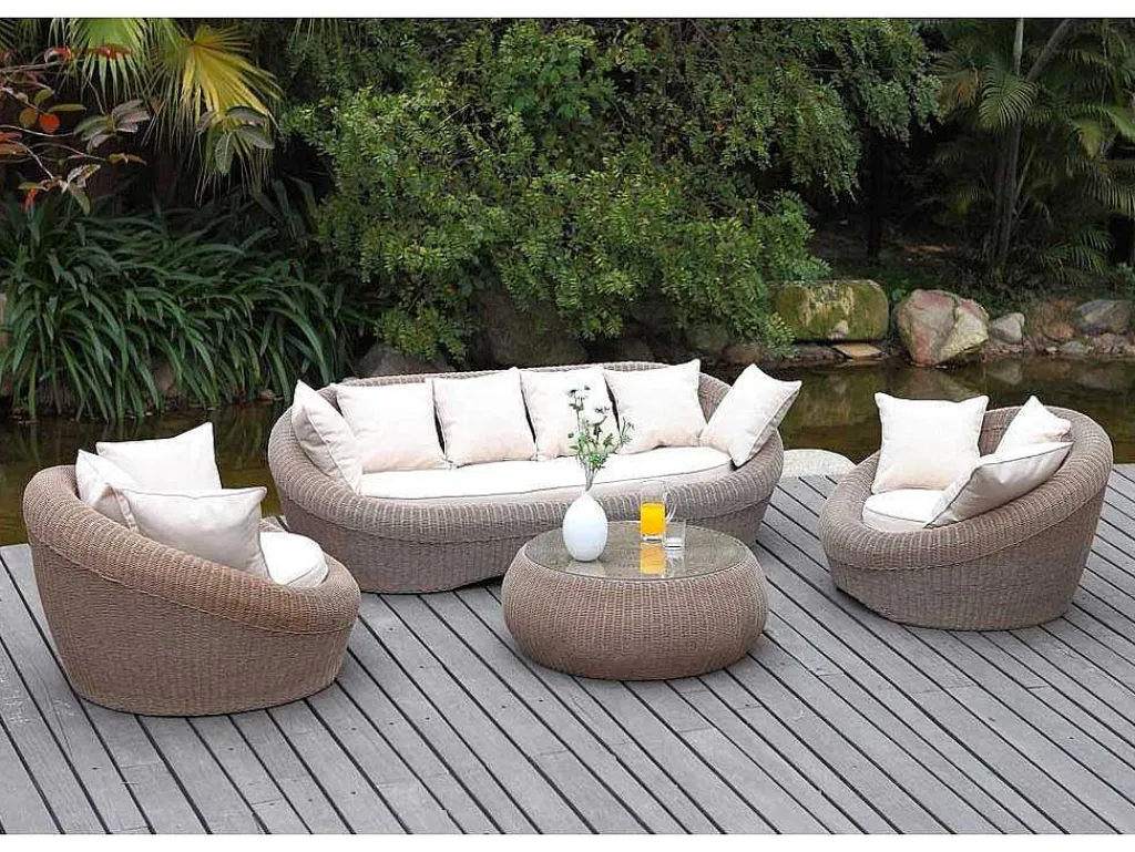 Tuin Loungeset Van Karamel Gevolchten Hars - Zitbank & 2 Fauteuils & Salontafel - Whiteheaven-MYLIA Online
