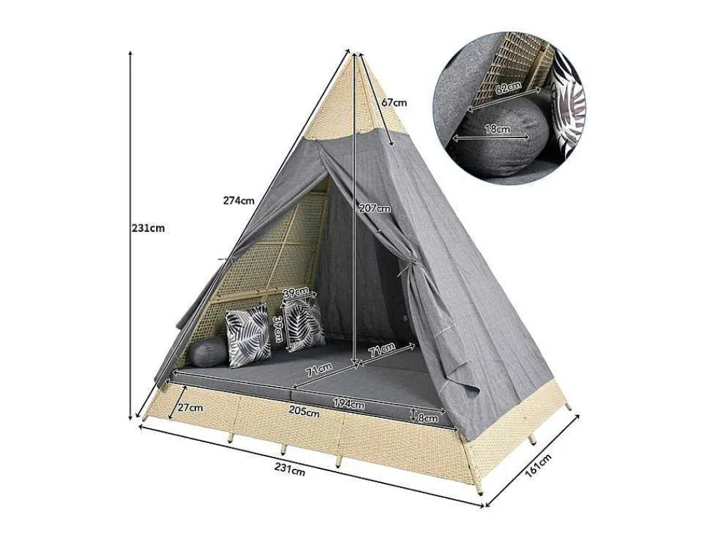 Tuinbed - Rotan Tent Voor 2 Personen - Met Gordijn En Kussens - Beige-ModernLuxe Online