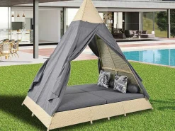 Tuinbed - Rotan Tent Voor 2 Personen - Met Gordijn En Kussens - Beige-ModernLuxe Online