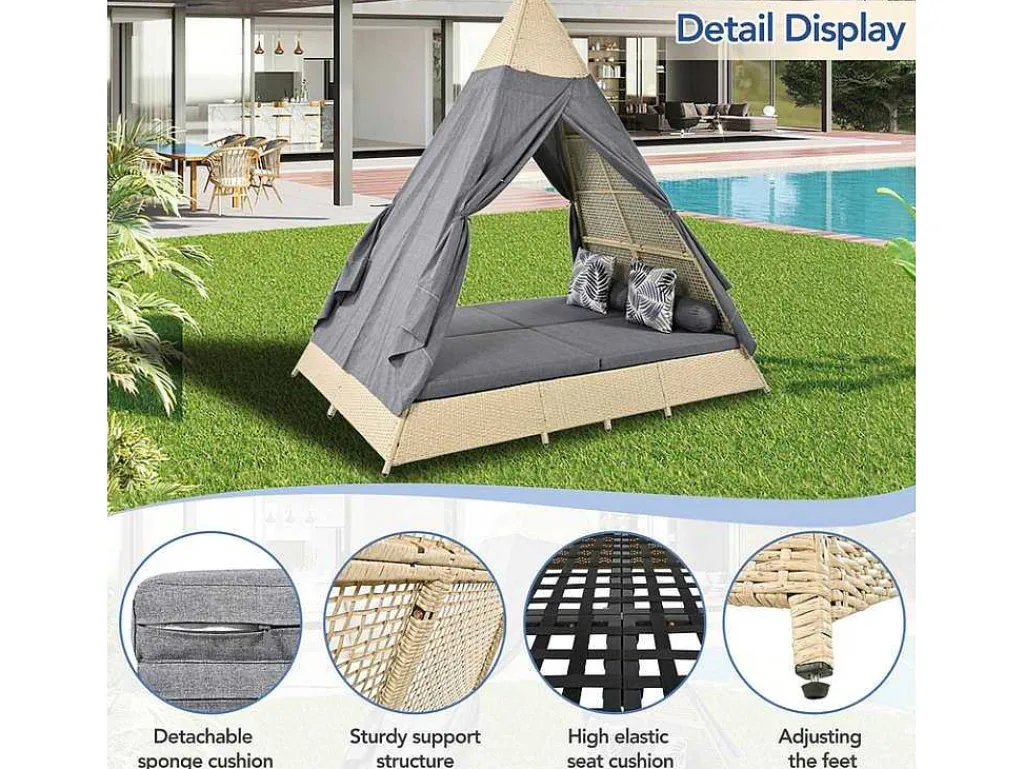 Tuinbed - Rotan Tent Voor 2 Personen - Met Gordijn En Kussens - Beige-ModernLuxe Online