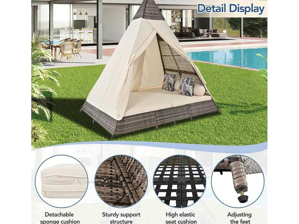 Tuinbed - Rotan Tent Voor 2 Personen - Met Gordijn En Kussens - Grijs-ModernLuxe Sale